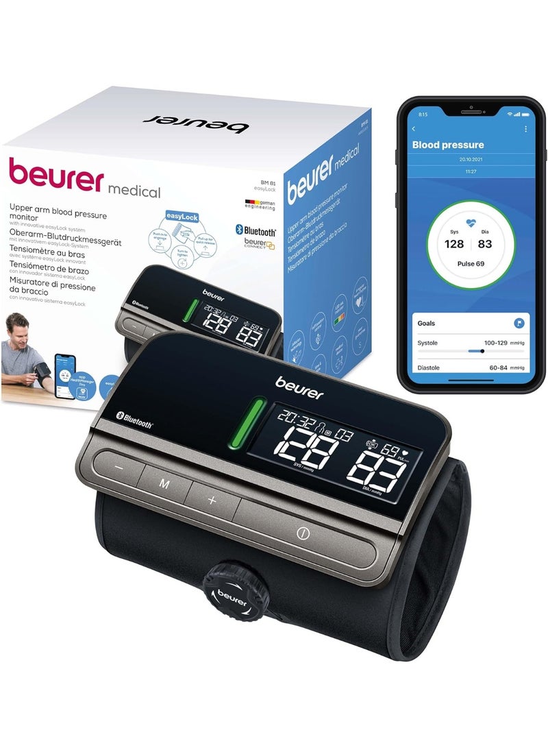 Beurer BM 81 EasyLock Upper Arm Blood Pressure Monitor Cuff-Free Design, Fully Automatic with Bluetooth & Large LED Display - Image 1