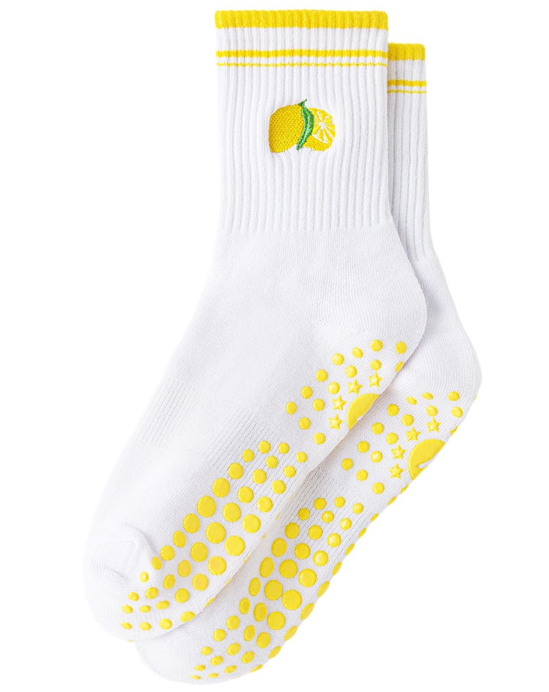 Yawlsow Pilates Grip Socks for Women Yoga Grippy Socks Cute Barre Non Skid Athletic Crew Sticky Sock Workout Hospital (US, Alpha, One Size, Regular, Regular, 1 Pack-Yellow-Lemon) - Image 1