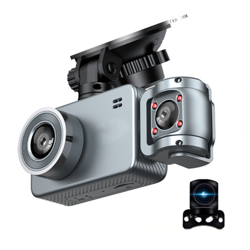 كاميرا مراقبة سيارة لاسلكية (WiFi Dashcam): أمامية بدقة 4K وداخلية وخلفية بدقة 720P باللون الفضي - كاميرا سيارة ثلاثية مع زاوية عريضة فائقة 170°/120° ورؤية ليلية لسلامة المركبات ورصد المواقف - Image 1