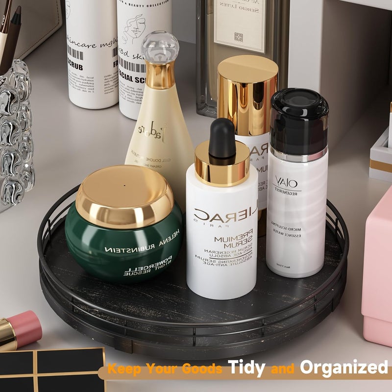 AMH 10" Oak Bathroom Vanity Tray Turntable for Perfume Candle, Round Wooden Decorative Tray for Kitchen Sink Countertop Organizer, Bathroom Counter Organizer for Skincare Makeup, Farmhouse Black Gold - Image 2