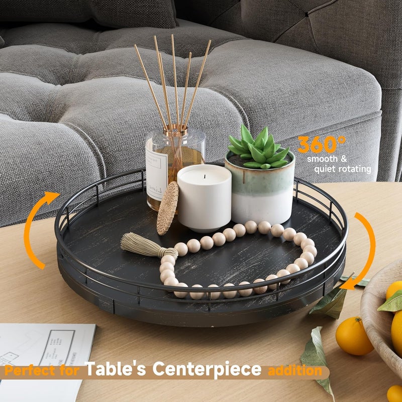AMH 10" Oak Bathroom Vanity Tray Turntable for Perfume Candle, Round Wooden Decorative Tray for Kitchen Sink Countertop Organizer, Bathroom Counter Organizer for Skincare Makeup, Farmhouse Black Gold - Image 3