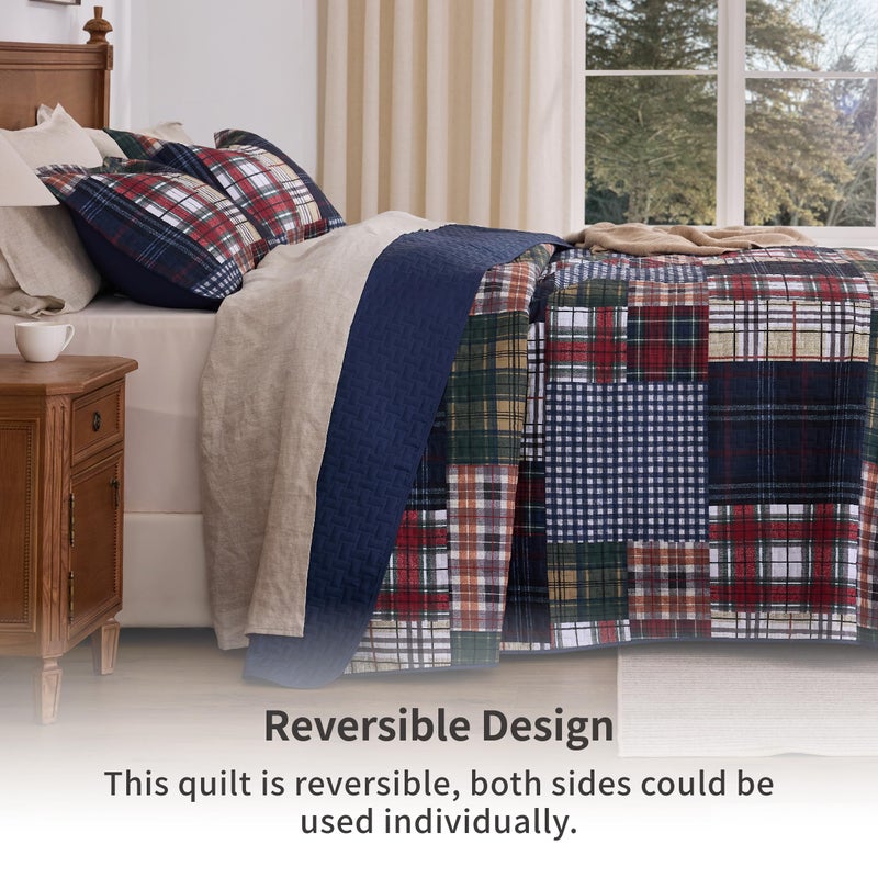 PPOLCA Patchwork Queen Quilt Bedding Set, Plaid Lightweight Reversible Bedspread Coverlet, 3-Piece Bed Cover Quilt with 2 Pillow Shams for All Season, Navy Blue - Image 2