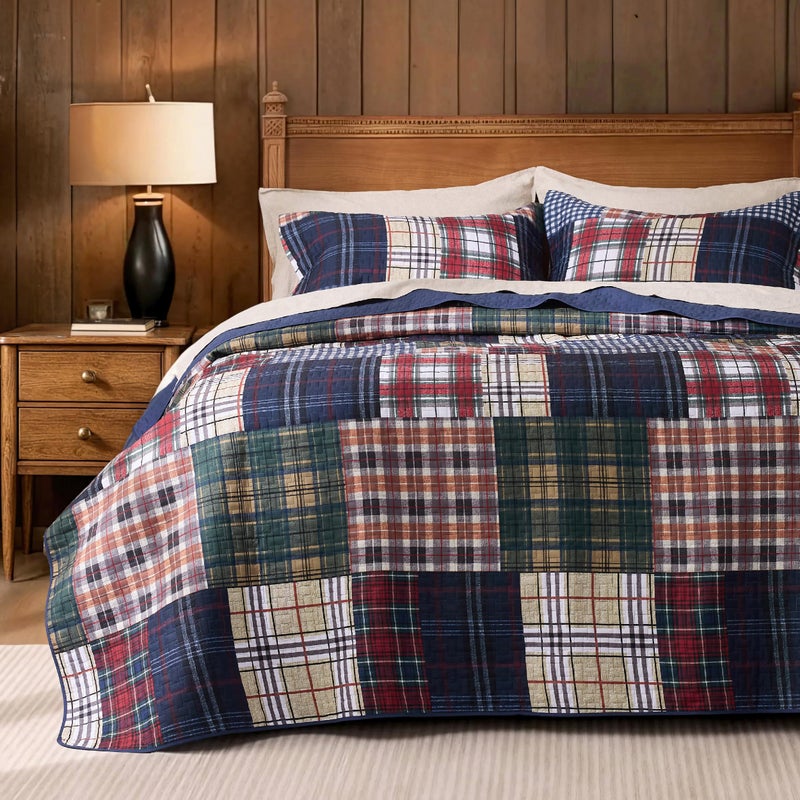 PPOLCA Patchwork Queen Quilt Bedding Set, Plaid Lightweight Reversible Bedspread Coverlet, 3-Piece Bed Cover Quilt with 2 Pillow Shams for All Season, Navy Blue - Image 1