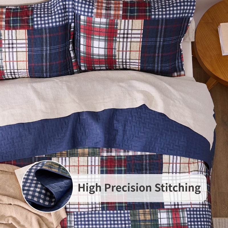 PPOLCA Patchwork Queen Quilt Bedding Set, Plaid Lightweight Reversible Bedspread Coverlet, 3-Piece Bed Cover Quilt with 2 Pillow Shams for All Season, Navy Blue - Image 3