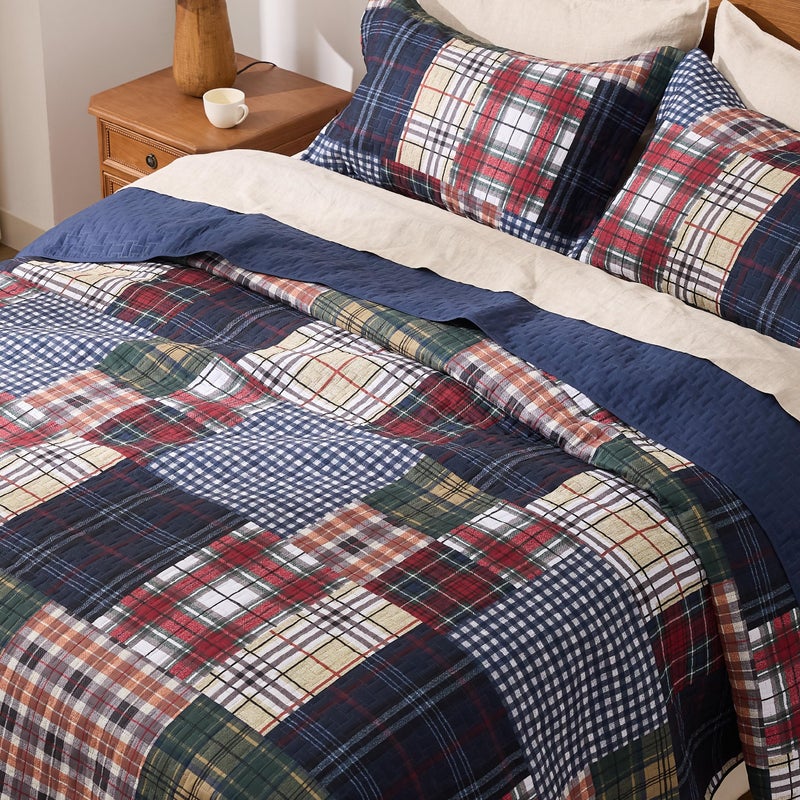 PPOLCA Patchwork Queen Quilt Bedding Set, Plaid Lightweight Reversible Bedspread Coverlet, 3-Piece Bed Cover Quilt with 2 Pillow Shams for All Season, Navy Blue - Image 4