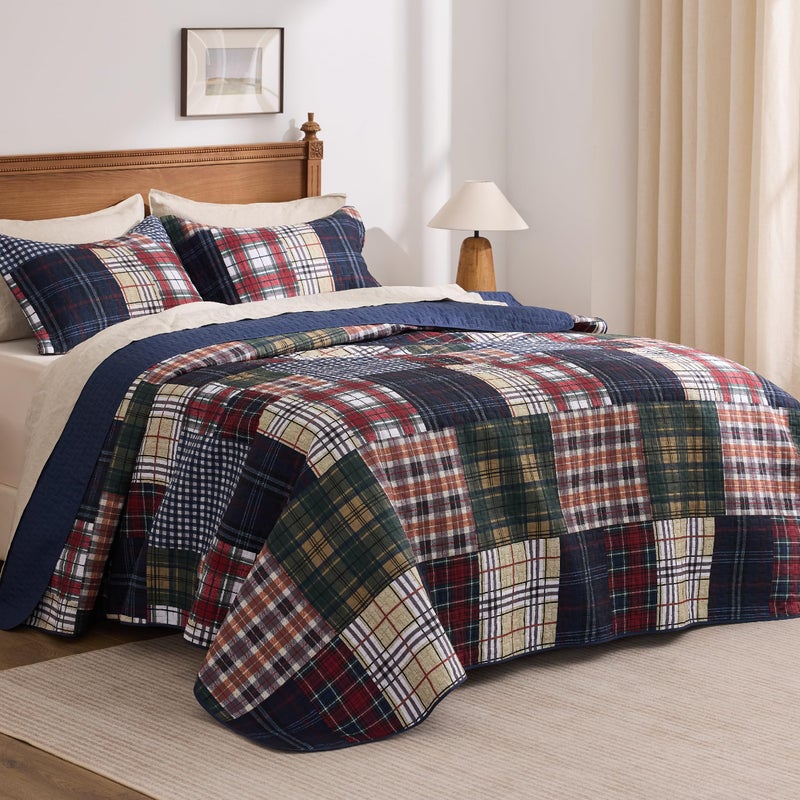 PPOLCA Patchwork Queen Quilt Bedding Set, Plaid Lightweight Reversible Bedspread Coverlet, 3-Piece Bed Cover Quilt with 2 Pillow Shams for All Season, Navy Blue - Image 5