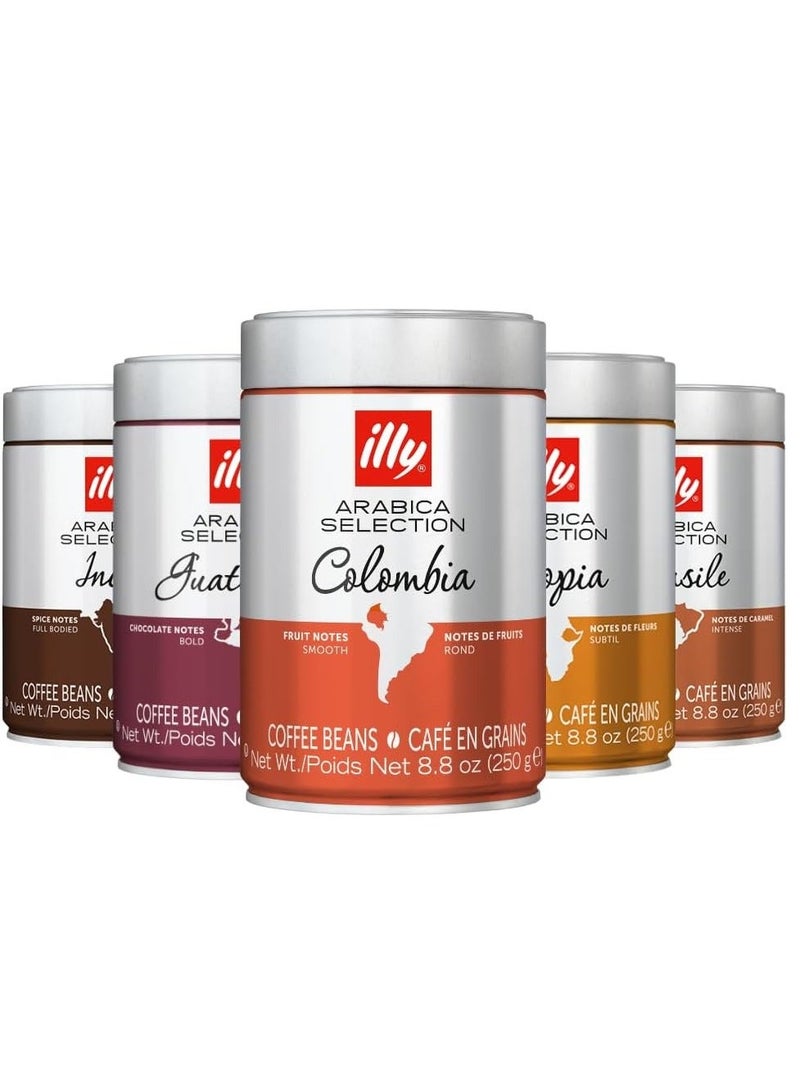 Illy Arabica Selection Single‑Origin Coffee Beans – Pack of 5 x 250g Cans (Colombia, Guatemala, Ethiopia, Brasile, India) - Image 1