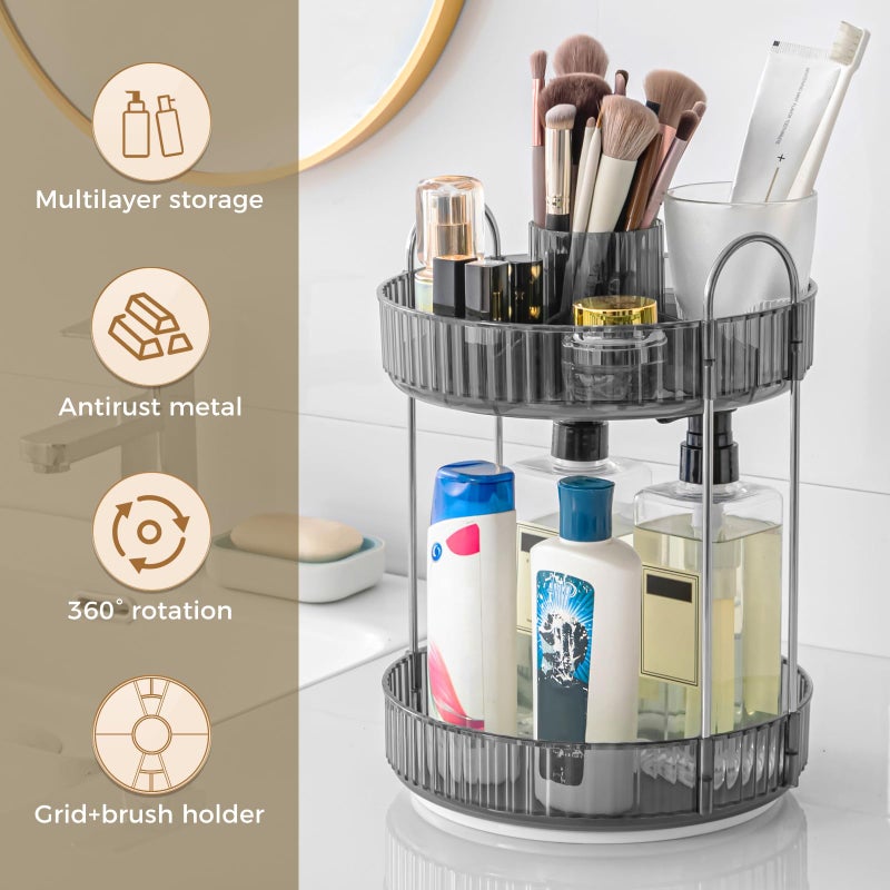 BEFSOP 360Â° Rotating Makeup Organizer, Upgraded 2 Tier Skincare Perfume Organizers for Women, Bathroom Organizer Countertop, Clear Cosmetic Dresser Organizer with Makeup Brush Holder, Sink&Counter(Grey) - Image 5