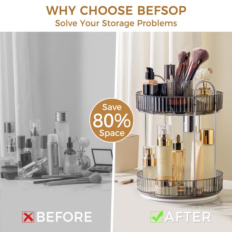 BEFSOP 360Â° Rotating Makeup Organizer, Upgraded 2 Tier Skincare Perfume Organizers for Women, Bathroom Organizer Countertop, Clear Cosmetic Dresser Organizer with Makeup Brush Holder, Sink&Counter(Grey) - Image 3