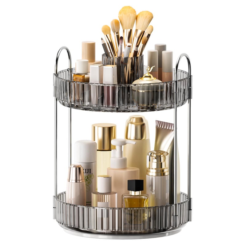 BEFSOP 360Â° Rotating Makeup Organizer, Upgraded 2 Tier Skincare Perfume Organizers for Women, Bathroom Organizer Countertop, Clear Cosmetic Dresser Organizer with Makeup Brush Holder, Sink&Counter(Grey) - Image 1