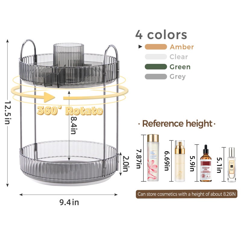 BEFSOP 360Â° Rotating Makeup Organizer, Upgraded 2 Tier Skincare Perfume Organizers for Women, Bathroom Organizer Countertop, Clear Cosmetic Dresser Organizer with Makeup Brush Holder, Sink&Counter(Grey) - Image 2