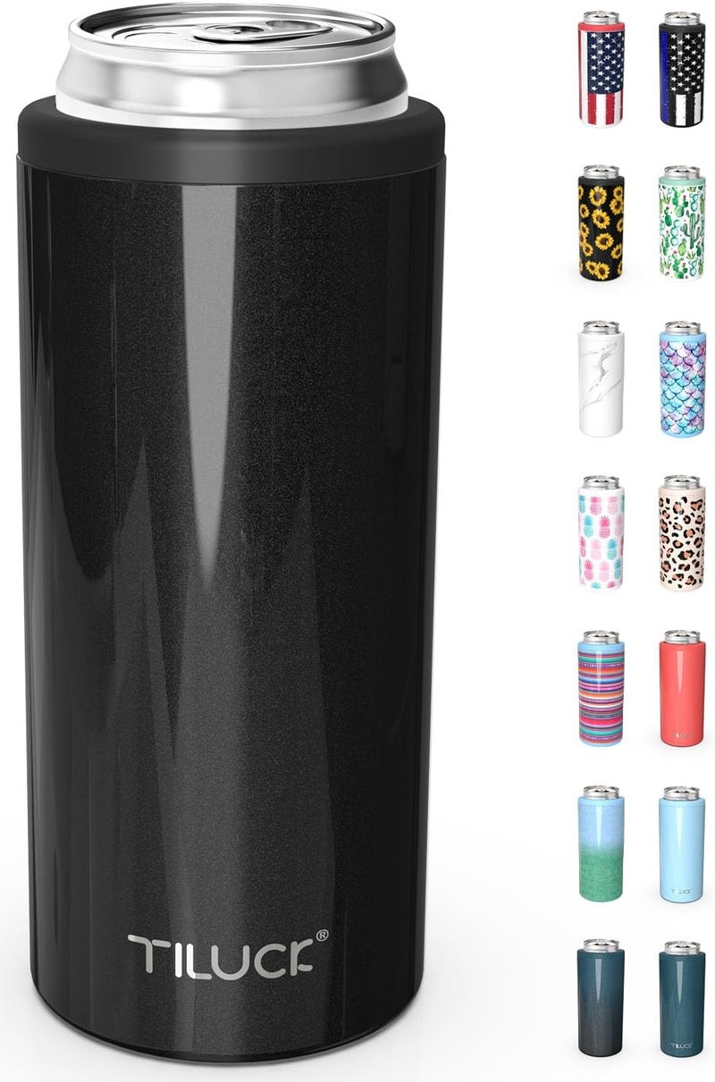 TILUCK Skinny Can Cooler for Slim Beer & Hard Seltzer, Stainless Steel, Doucle-Walled Stainless Steel Insulated Slim Cans, Standard 12 oz (Glitter Black) - Image 1