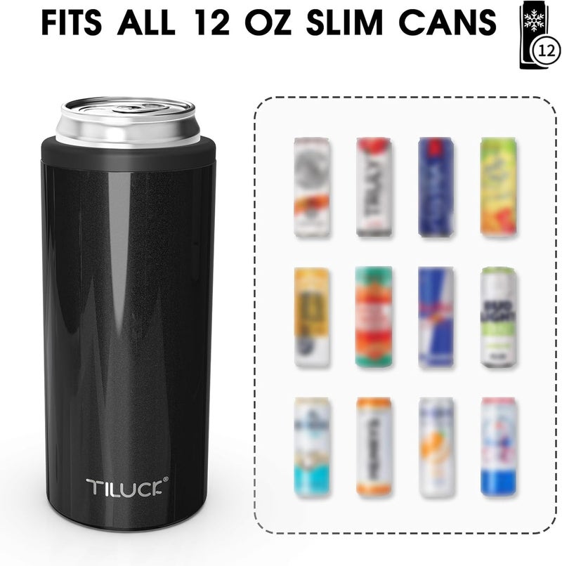 TILUCK Skinny Can Cooler for Slim Beer & Hard Seltzer, Stainless Steel, Doucle-Walled Stainless Steel Insulated Slim Cans, Standard 12 oz (Glitter Black) - Image 3