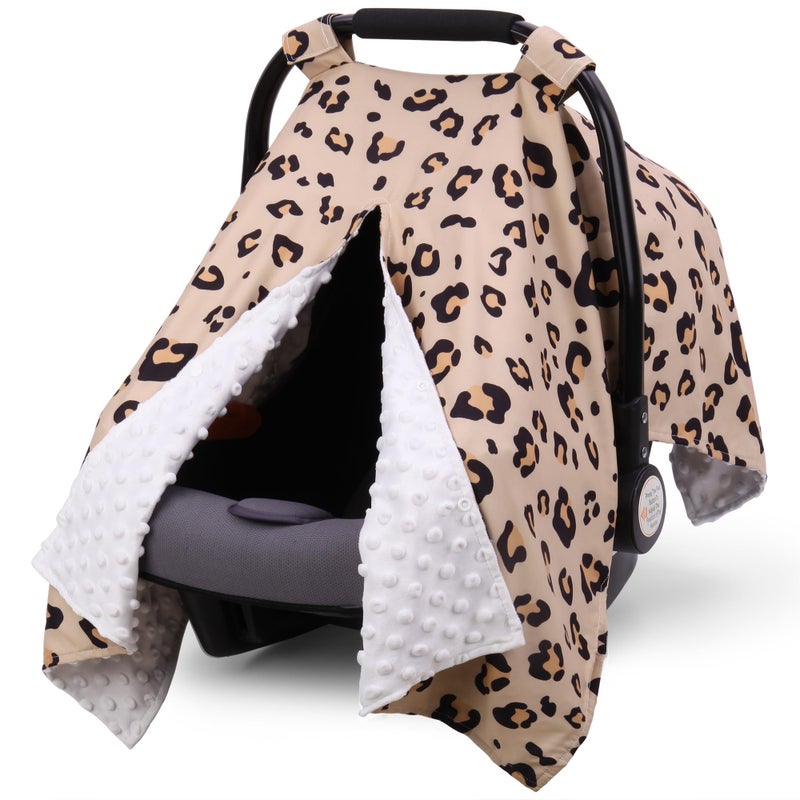 Rquite Car Seat Cover Baby, Carseat Covers for Boy Girl, Minky Infant Car Seat Cover Winter, Peekaboo Opening Car Seat Canopy, Multiuse Baby Carrier, Stroller, Nursing Cover, Minky Blanket, Leopard - Image 1