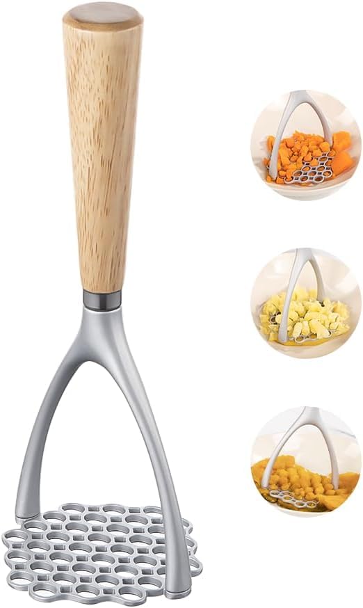 BEING CART Potato Masher with Wood Handle Heavy Duty Alloy Wood Multipurpose Food Masher Easy to Use Clean Brown 1 PCS - Image 1