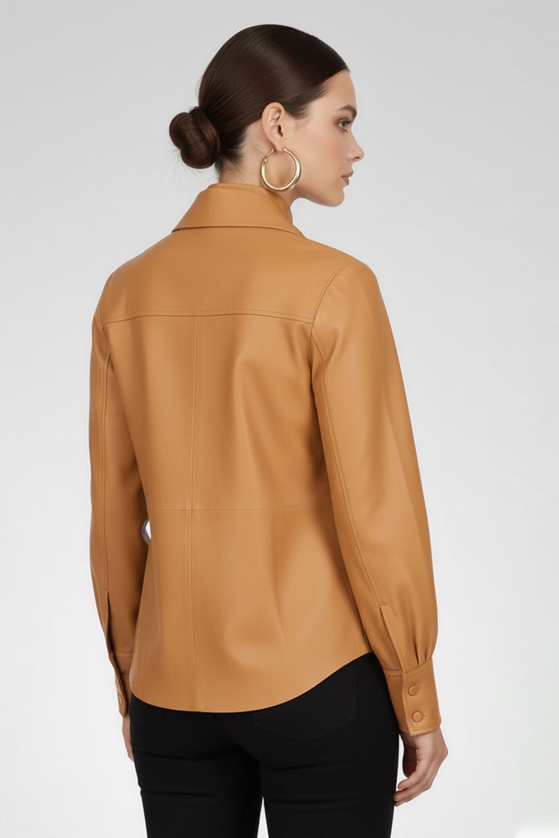GANT بلوزة نسائية بكم طويل بياقة مرتفعة من غانت × رانجلر، بني - Image 4