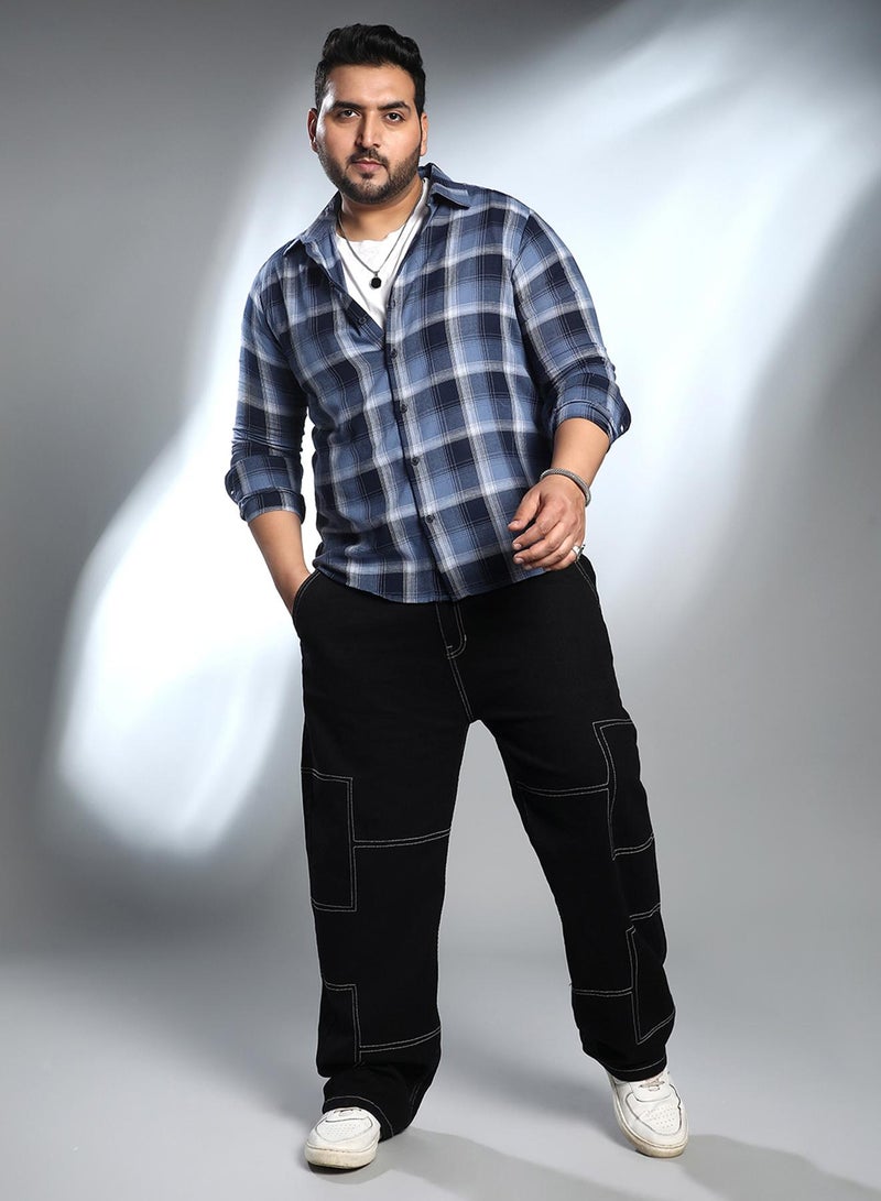 Instafab Plus Men's Navy Blue & Off-White Multi-Checkered Shirt For Casual Wear | Spread Collar | Long Cuffed Sleeves | Button Closure | Plus Size Shirt Crafted With Comfort Fit For Everyday Wear - Image 5
