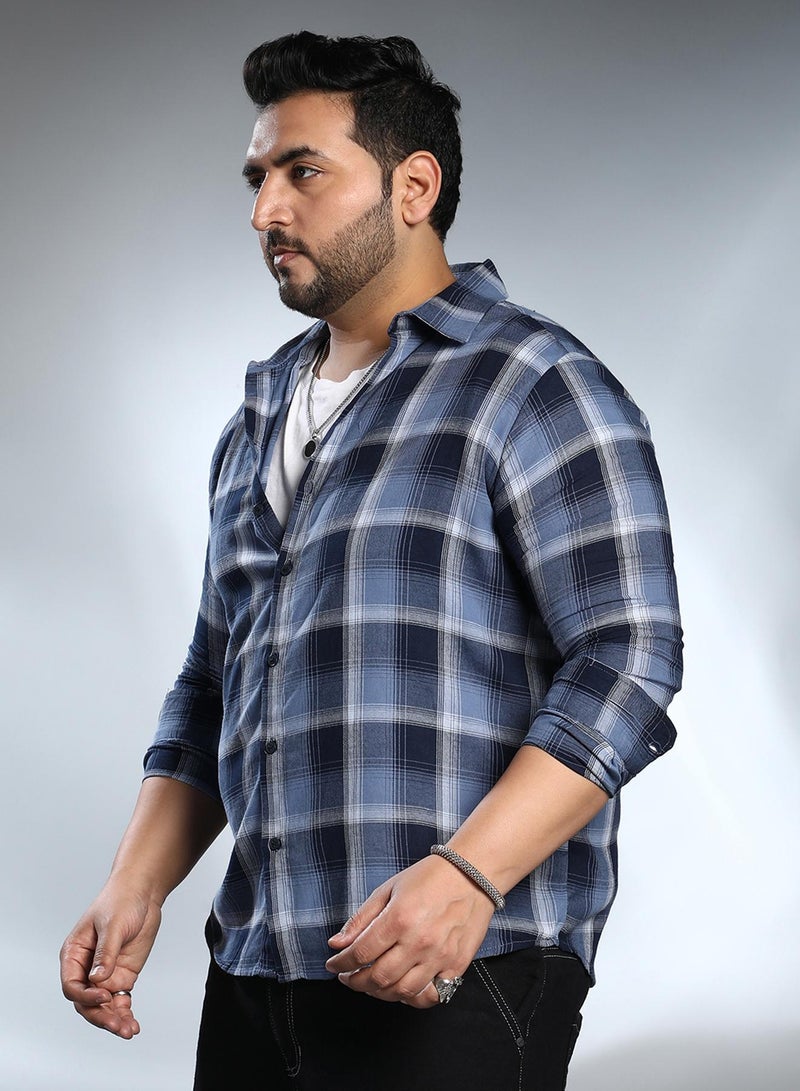 Instafab Plus Men's Navy Blue & Off-White Multi-Checkered Shirt For Casual Wear | Spread Collar | Long Cuffed Sleeves | Button Closure | Plus Size Shirt Crafted With Comfort Fit For Everyday Wear - Image 3