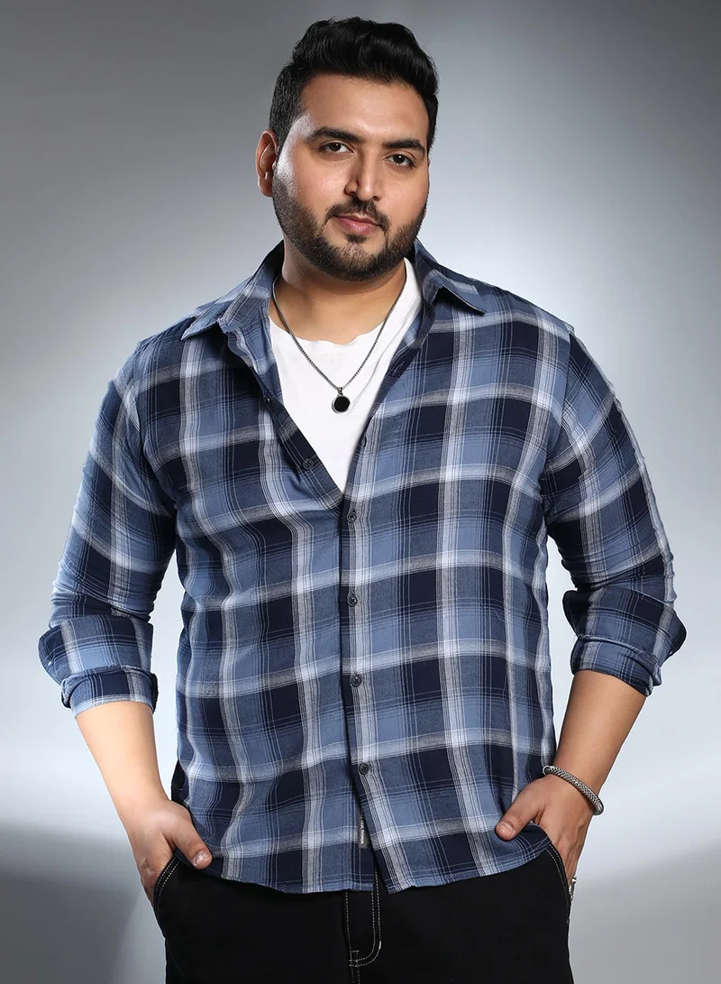 Instafab Plus Instafab Plus Men's Navy Blue & Off-White Multi-Checkered Shirt For Casual Wear | Spread Collar | Long Cuffed Sleeves | Button Closure | Plus Size Shirt Crafted With Comfort Fit For Everyday Wear