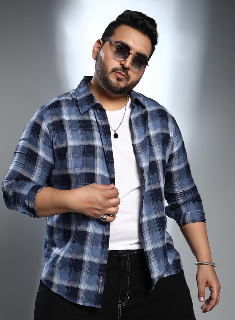 Instafab Plus Men's Navy Blue & Off-White Multi-Checkered Shirt For Casual Wear | Spread Collar | Long Cuffed Sleeves | Button Closure | Plus Size Shirt Crafted With Comfort Fit For Everyday Wear - Image 2