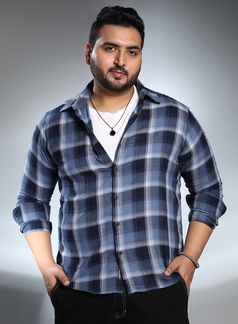 Instafab Plus Men's Navy Blue & Off-White Multi-Checkered Shirt For Casual Wear | Spread Collar | Long Cuffed Sleeves | Button Closure | Plus Size Shirt Crafted With Comfort Fit For Everyday Wear - Image 1