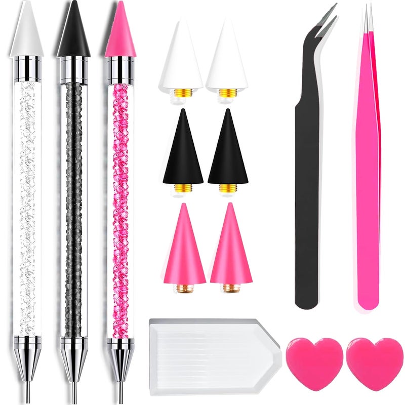 Yaoociy 14 Pcs Rhinestone Picker Tool - 3 Pcs Dual-head Pens with 6 Wax Tips, Useful Clay, Precision Curved and Straight Tweezers Kit for Picking Up Nail Art Gems, Stones, Crystals, and Nail Charms - Image 1