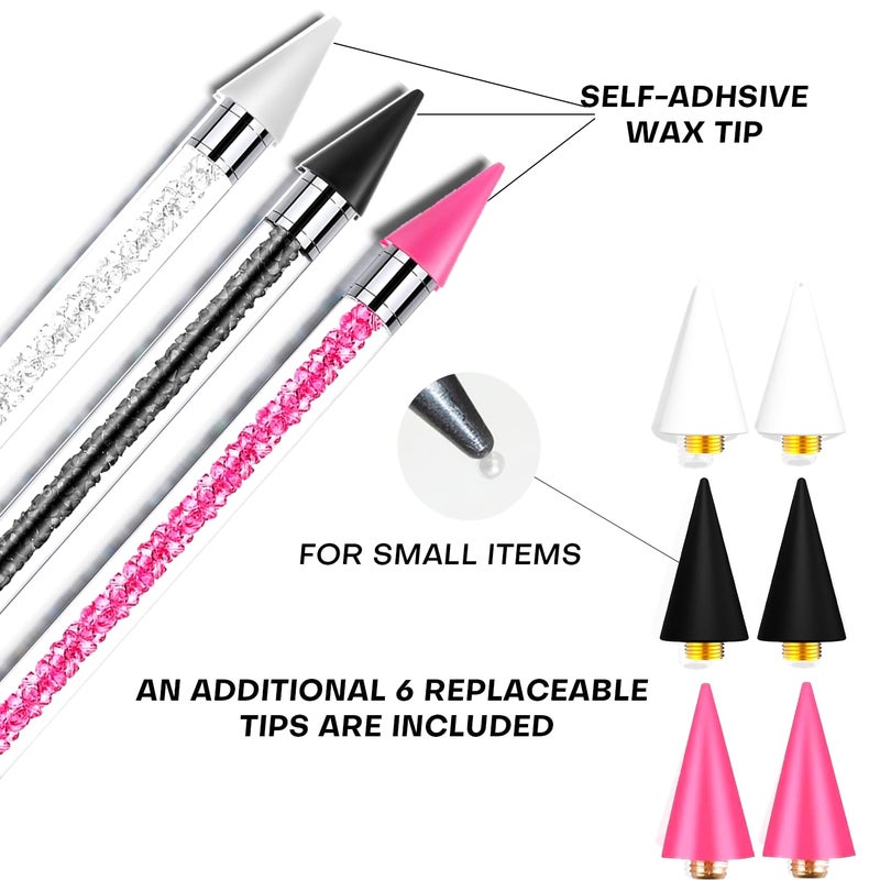 Yaoociy 14 Pcs Rhinestone Picker Tool - 3 Pcs Dual-head Pens with 6 Wax Tips, Useful Clay, Precision Curved and Straight Tweezers Kit for Picking Up Nail Art Gems, Stones, Crystals, and Nail Charms - Image 2
