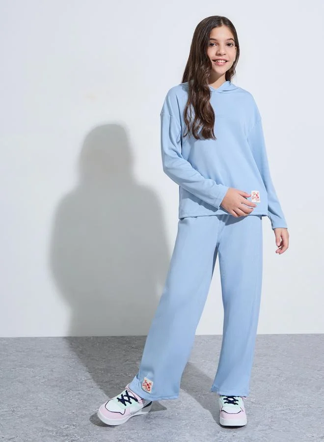 Styli Teen Girls Blue Patchwork Hoodie and Wide Leg Joggers Set
