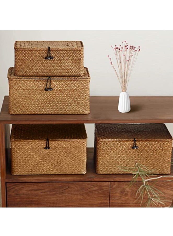 HOME TASTE TOMSUN Woven Wicker Storage Bins with Lid Set of 3 Rattan Storage Organizer and Storage Basket for Shelf Organizers Rectangular Seagrass Basket - Image 3