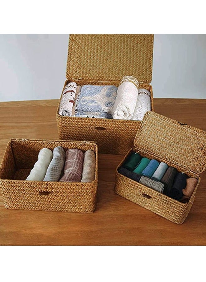 HOME TASTE TOMSUN Woven Wicker Storage Bins with Lid Set of 3 Rattan Storage Organizer and Storage Basket for Shelf Organizers Rectangular Seagrass Basket - Image 4
