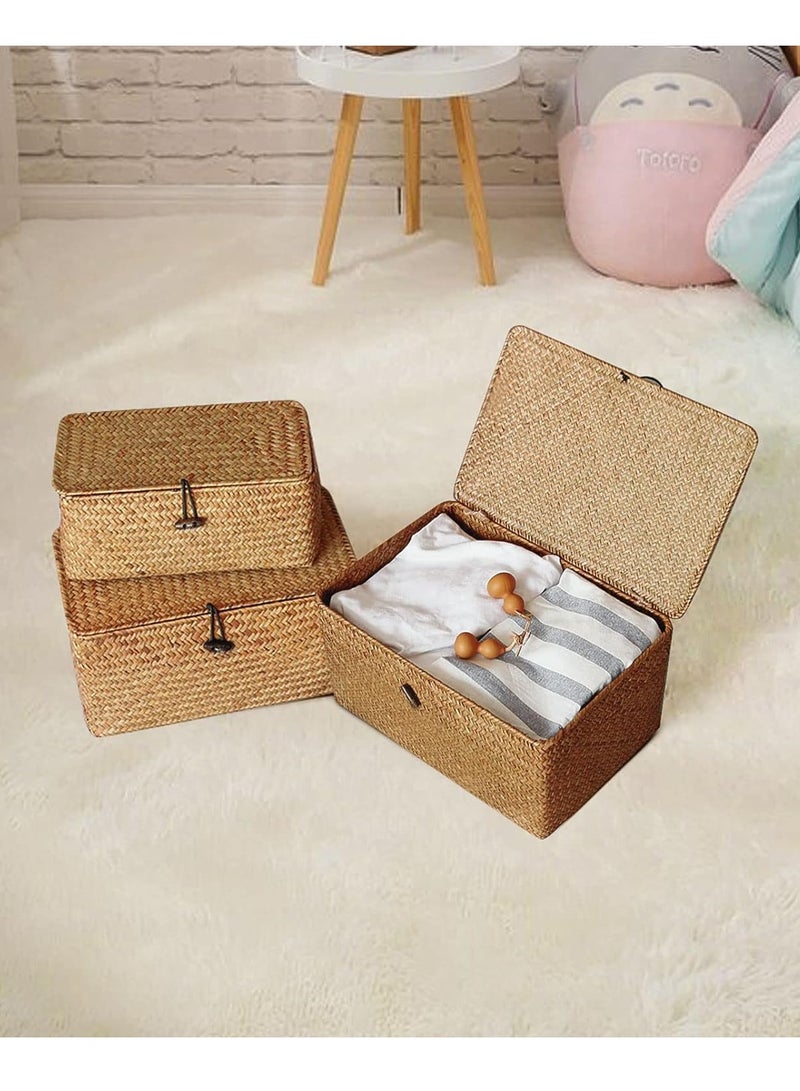 HOME TASTE TOMSUN Woven Wicker Storage Bins with Lid Set of 3 Rattan Storage Organizer and Storage Basket for Shelf Organizers Rectangular Seagrass Basket - Image 5