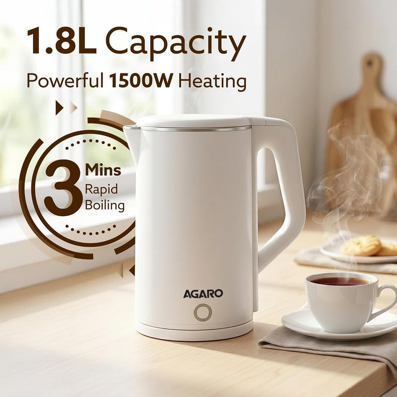 AGARO Elegant Electric Kettle, 1.8L, Double Layered Kettle, Stainless Steel Inner Body, Quick Boil, Water Boiler, Hot Water Kettle, For Making Black Tea & Black Coffee, Auto Shut Off, White - Image 2