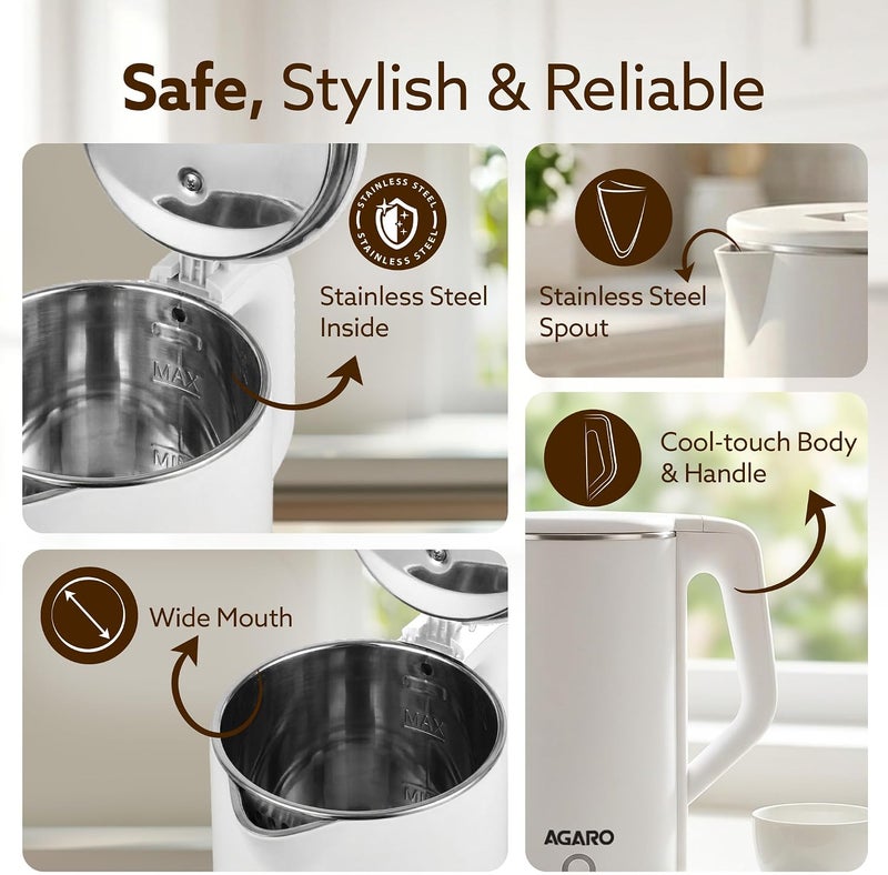 AGARO Elegant Electric Kettle, 1.8L, Double Layered Kettle, Stainless Steel Inner Body, Quick Boil, Water Boiler, Hot Water Kettle, For Making Black Tea & Black Coffee, Auto Shut Off, White - Image 4