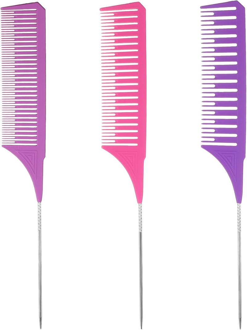 3Pcs Highlight Comb Professional Highlighting Combs With Parting Tip 3 Sizes Hair Dye Comb Foiling Combs HighlightCombs for Highlighting for Home Hair Salon Weaving StylingPink Purple Rose