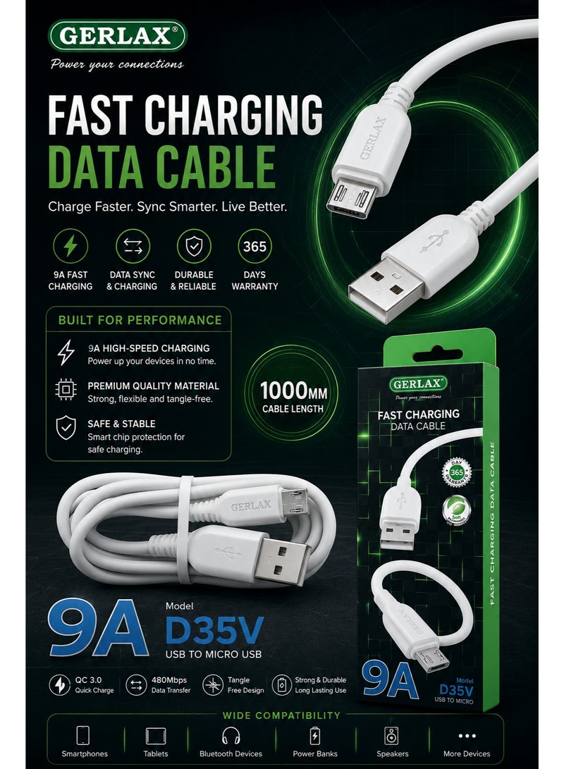 جيرلاكس كابل USB إلى Micro USB للشحن السريع ونقل البيانات (تيار 9 أمبير)، بطول متر واحد ومصنوع من مادة PVC، يدعم تقنية الشحن السريع؛ متوافق مع هواتف أندرويد الذكية، والأجهزة اللوحية، وبنوك الطاقة، ومكبرات الصوت اللاسلكية، والأجهزة المزودة بمنفذ Micro USB. - Image 2