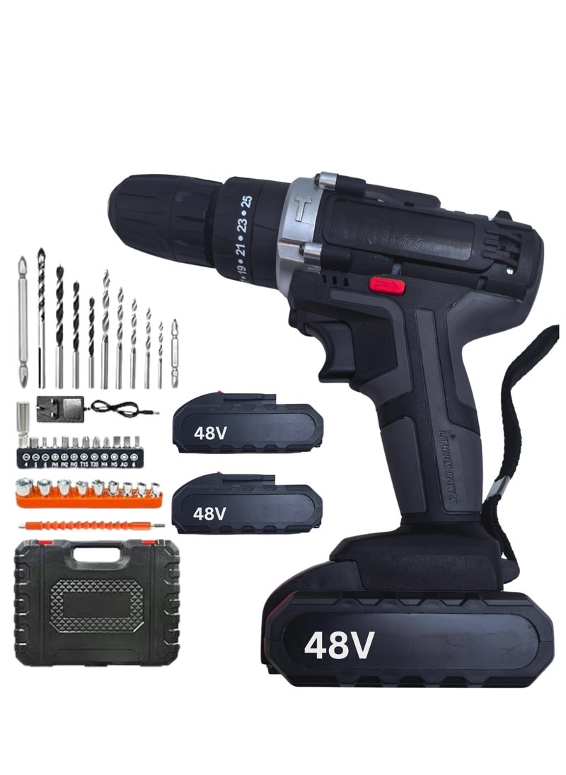 ABJ AABJ 48V Cordless Drill Set with Charger, 3-in-1 Mode (Drill/Screw/Hammer), 35NM Torque, Keyless Chuck, LED Light, 0-1350 RPM, 24 Accessories & Case – Portable Electric Drill Kit (Black)  - Image 1