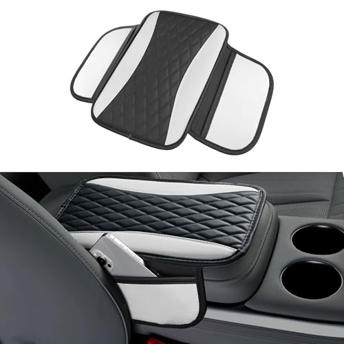 Tioollev Patchwork Leather Car Center Console CoverMicrofiber Leather Vehicle Armrest Protector Cushion with 2 Storage BagsUniversal Cars Armrest Cushion for SUV Sedan Truck White - Image 1