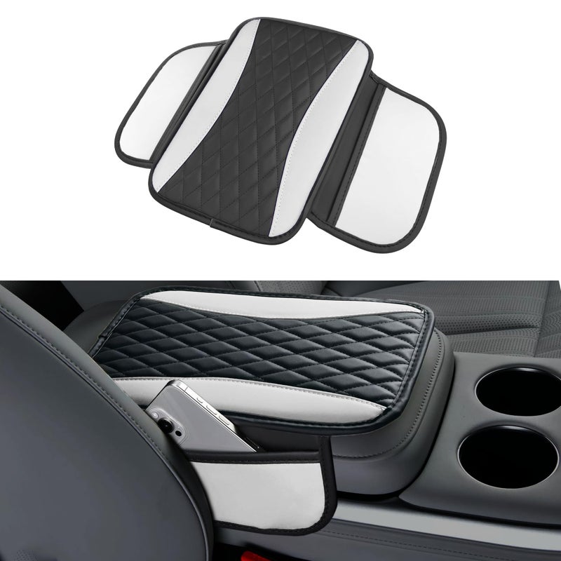 Tioollev Patchwork Leather Car Center Console CoverMicrofiber Leather Vehicle Armrest Protector Cushion with 2 Storage BagsUniversal Cars Armrest Cushion for SUV Sedan Truck White - Image 2