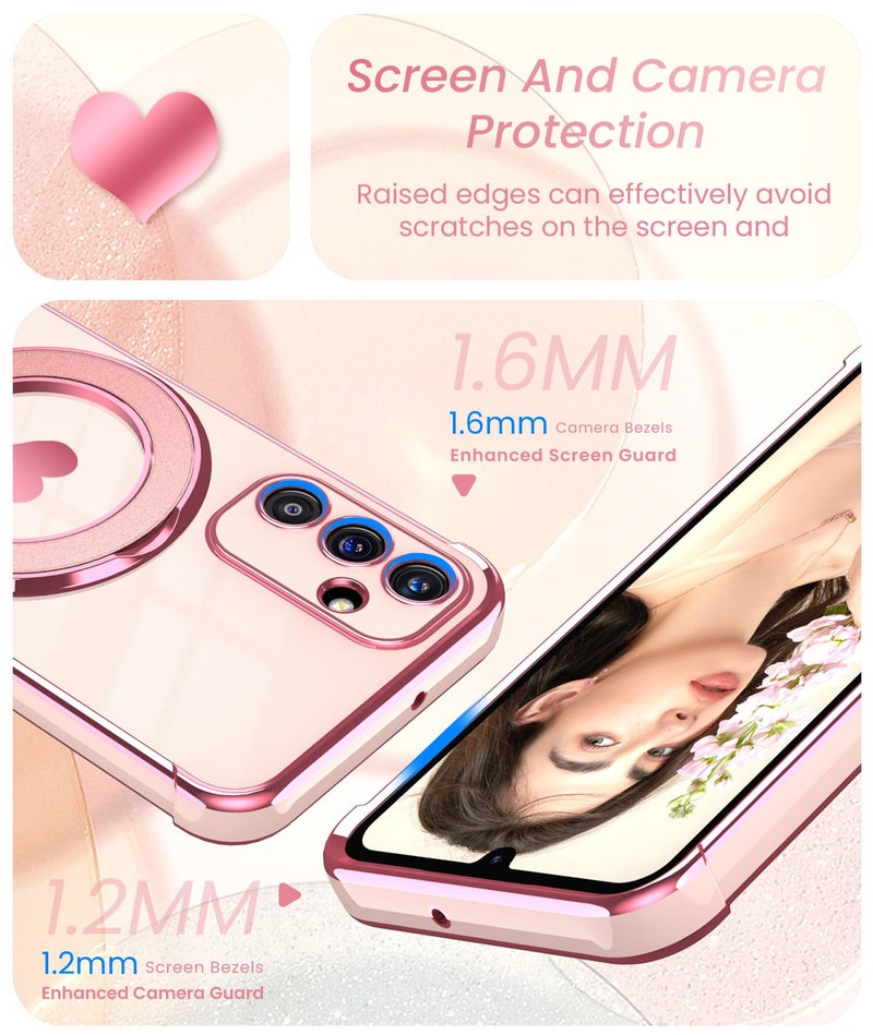 Liufcx for Samsung Galaxy A17 5G Love Heart Kickstand Case with 2X Screen Protector: Luxury Plated Gold Edge Slim Soft TPU Shockproof Protection Case Cover for Galaxy A17 (Pink) - Image 3