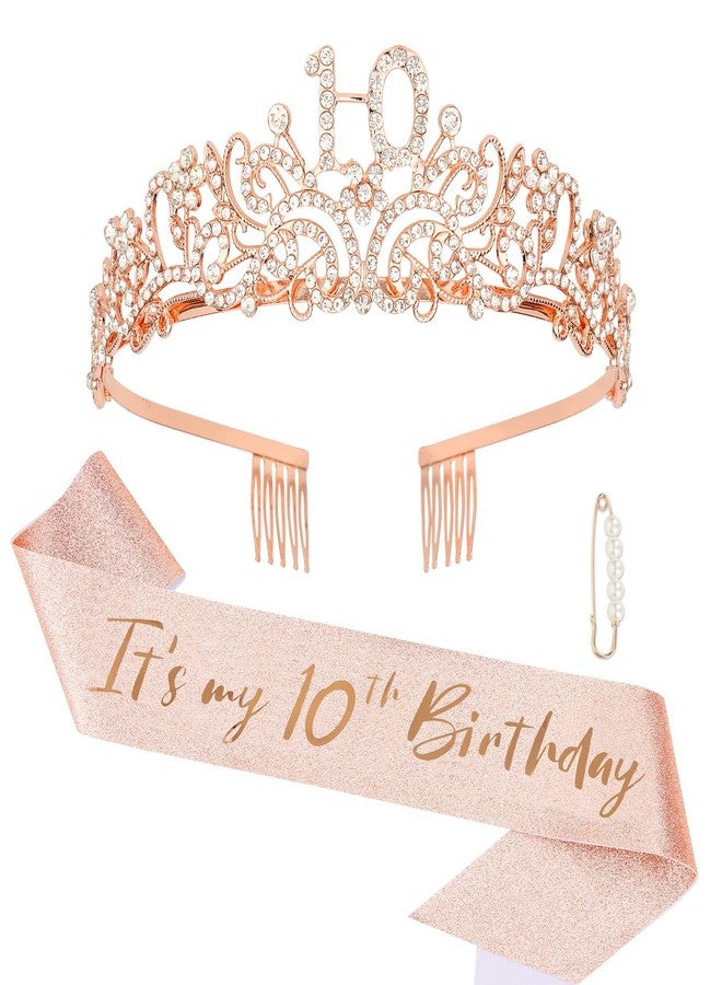 Semato Rose Gold 10th Birthday Crown and Sash Kit for Girls - Glamorous Rhinestone Tiara and Glitter Sash with Pearl Pin - Image 1