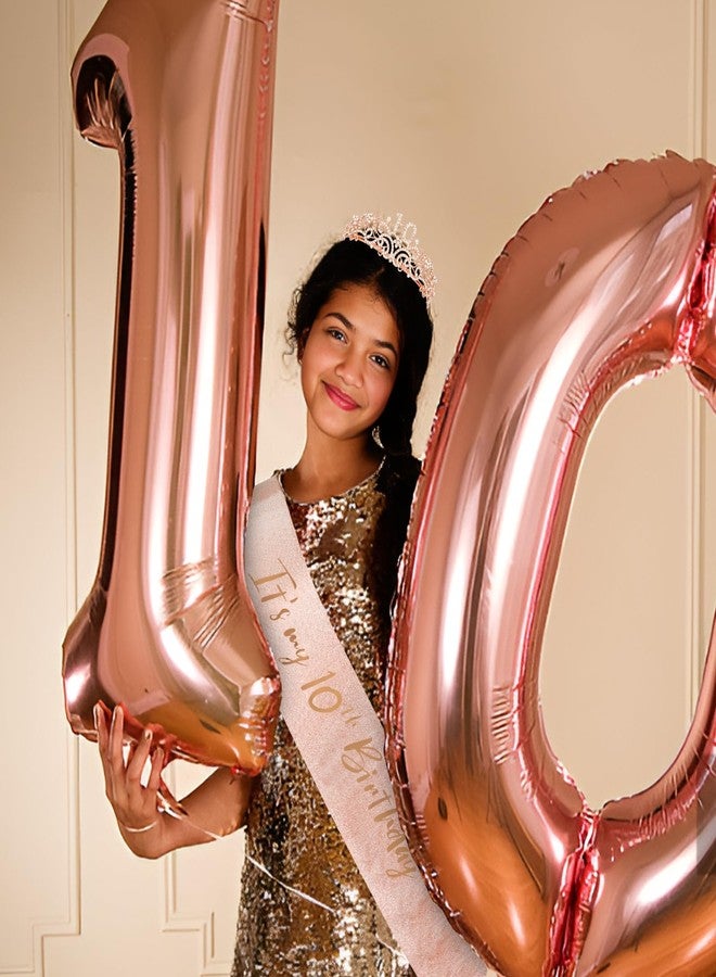 Semato Rose Gold 10th Birthday Crown and Sash Kit for Girls - Glamorous Rhinestone Tiara and Glitter Sash with Pearl Pin - Image 4