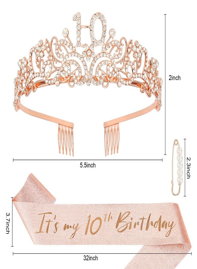 Semato Rose Gold 10th Birthday Crown and Sash Kit for Girls - Glamorous Rhinestone Tiara and Glitter Sash with Pearl Pin - Image 2