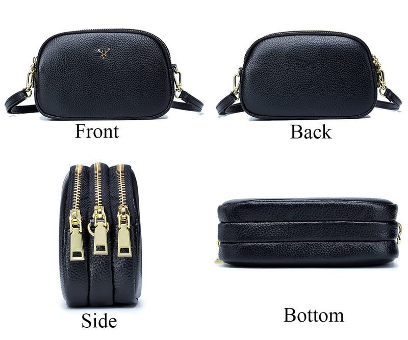 Dgffan Triple Zip Small Crossbody Bags Genuine Leather Shoulder Handbags Trendy Design Cellphone Purses for Women and Girls(black) - Image 3