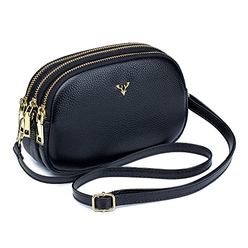 Dgffan Triple Zip Small Crossbody Bags Genuine Leather Shoulder Handbags Trendy Design Cellphone Purses for Women and Girls(black) - Image 1