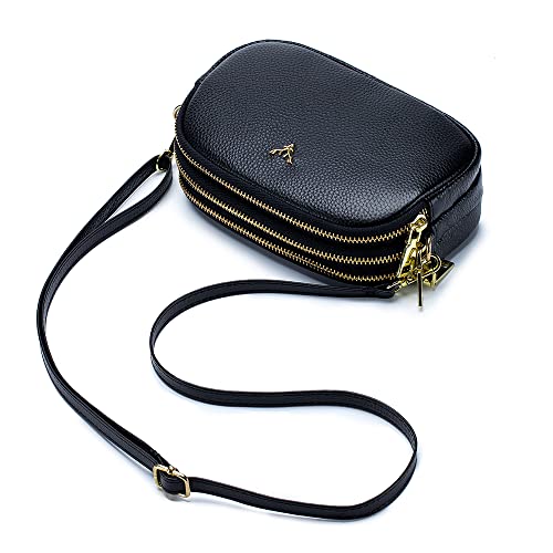 Dgffan Triple Zip Small Crossbody Bags Genuine Leather Shoulder Handbags Trendy Design Cellphone Purses for Women and Girls(black) - Image 2