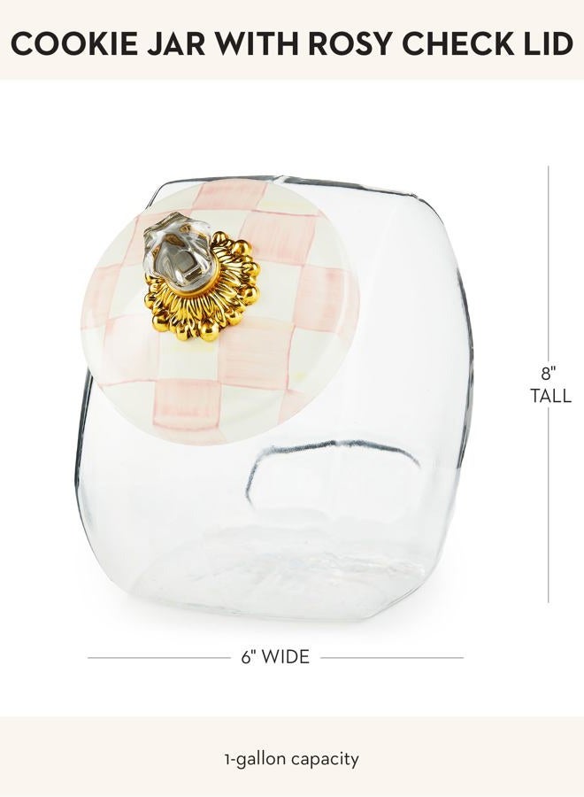 mackenzie childs Cookie Jar with Enamel Lid, Large Glass Treat Jar or Kitchen Jar, 1-Gallon Capacity, Pink-and-White Rosy Check - Image 4