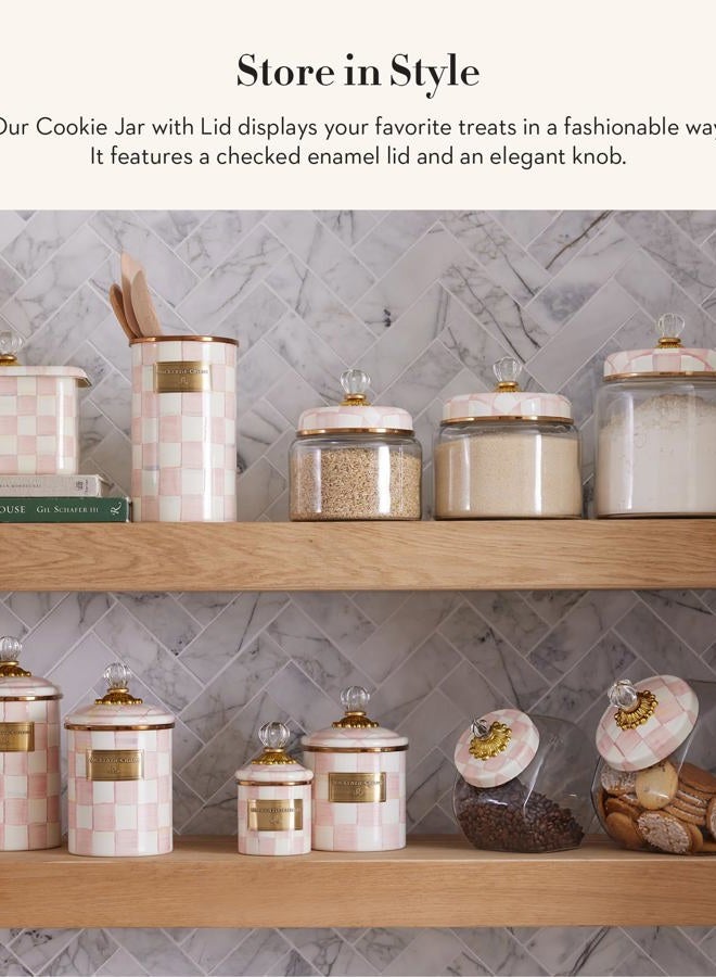 mackenzie childs Cookie Jar with Enamel Lid, Large Glass Treat Jar or Kitchen Jar, 1-Gallon Capacity, Pink-and-White Rosy Check - Image 2