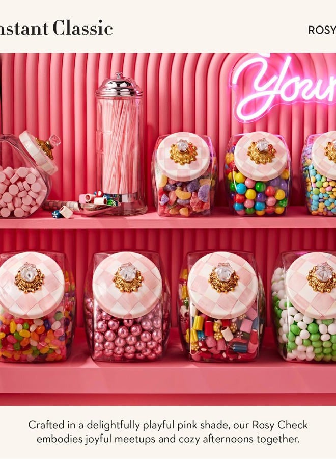 mackenzie childs Cookie Jar with Enamel Lid, Large Glass Treat Jar or Kitchen Jar, 1-Gallon Capacity, Pink-and-White Rosy Check - Image 3