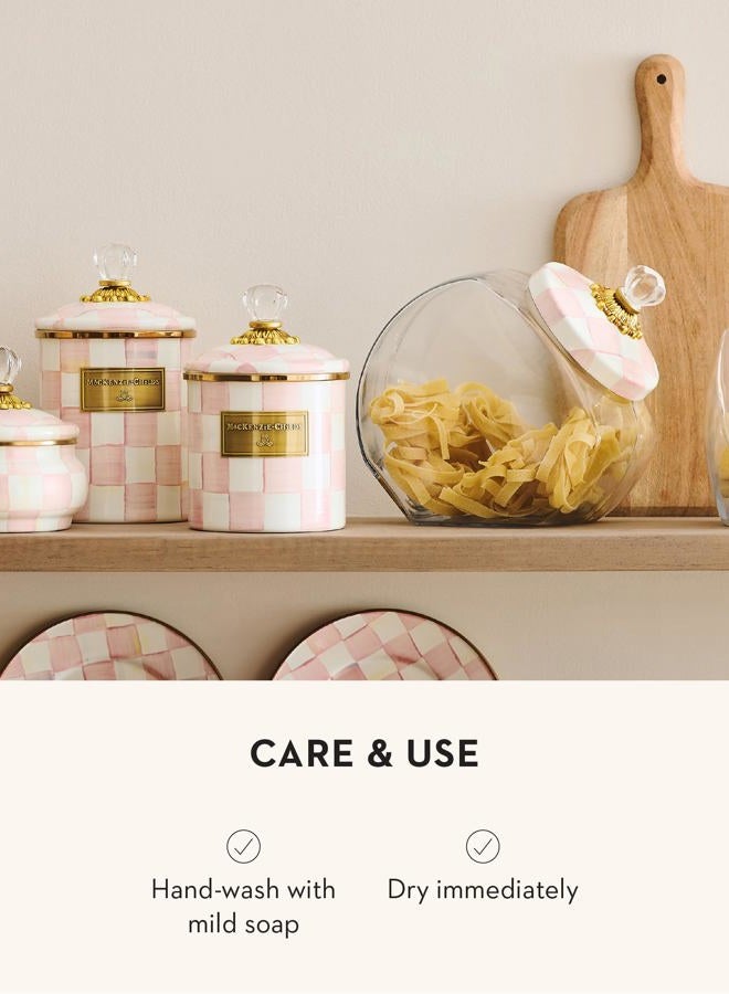 mackenzie childs Cookie Jar with Enamel Lid, Large Glass Treat Jar or Kitchen Jar, 1-Gallon Capacity, Pink-and-White Rosy Check - Image 5