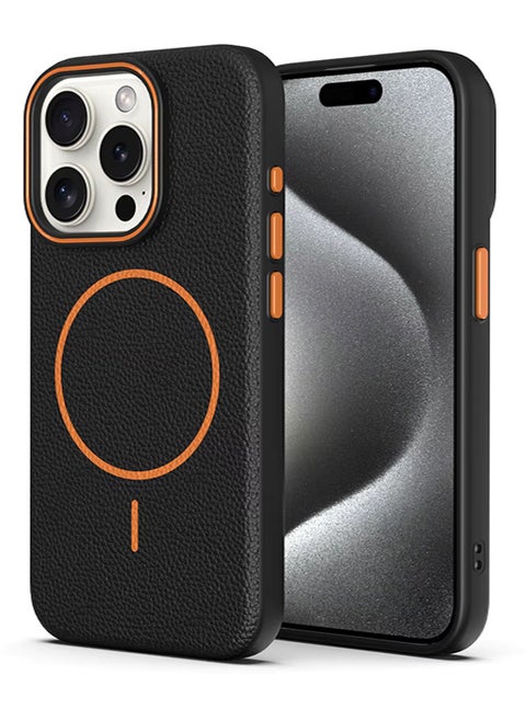 Magsafe Phone Case For iPhone 13 Pro Max With High Quality Rubber Frame And Slim Lychee Pattern Leather Case with Camera Lens Protection Shockproof Cover And support wireless Charging Leather Cover for iPhone 13 Pro Max - Black